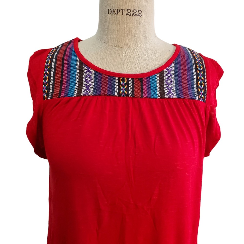 RXB Women's S‎ Red Mexican Ethnic Print Blouse With Keyhole Button At Back